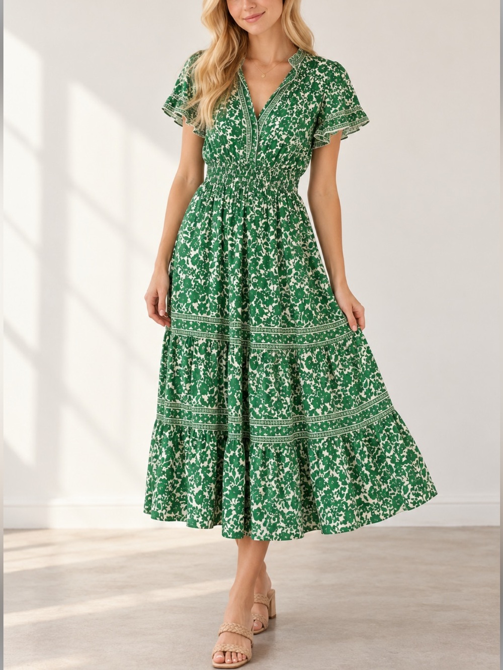 Max Studio Petite Green Floral Tiered Midi Dress XL Petite 40007